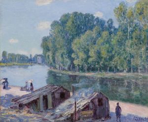 Cabins at the edge of the Loing Canal, effect of the sun by Alfred Sisley