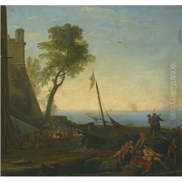 a-coastal-scene-by-a-harbour-with-a-boat-and-figures-in-the-foreground - view 1