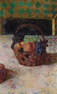 Raisins noirs et peches ou Panier de fruits