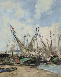 Trouville, le port, voiliers echoues by Eugene Louis Boudin
