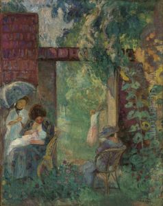 Femmes et enfants dans un jardin en ete by unknown
