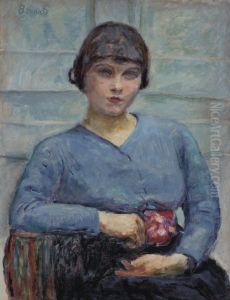 Jeune fille en bleu, a la rose by unknown