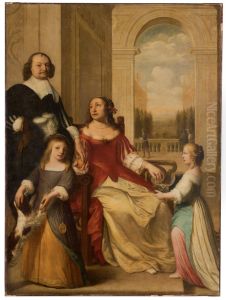 A portrait of Louis Henry, Prince of Nassau-Dillenburg (1594-1662) and his family, full-length, in the portico of a palace