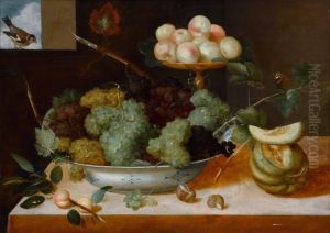 Still life with grapes in a porcelain dish and peaches on a tazza, with melons and snails by unknown