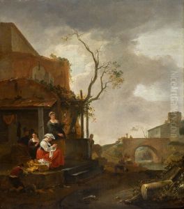Figures outside a tavern with a woman sewing, travellers on a bridge beyond