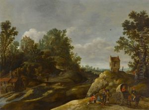 A landscape with peasants resting by a watermill by unknown