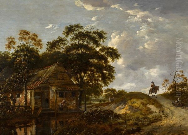 Landscape with a cottage by a river and a woman scouring a pot, a gentleman on horseback on a path - view 1