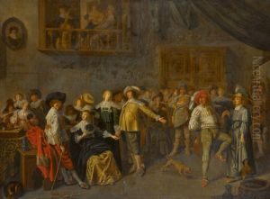 An elegant company merrymaking in an interior by Jan Miense Molenaer