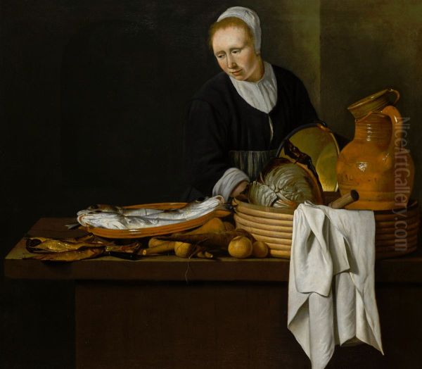 A kitchen scene with a maid standing by a table laden with fish - view 1