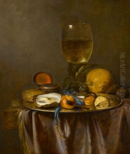 Still life with a roemer, timepiece, oyster and fruit by Jacob van Walscapelle