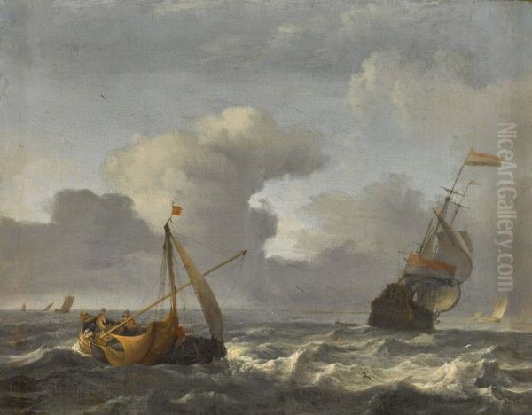 A sailing boat and man-o'-war in choppy waters - view 1