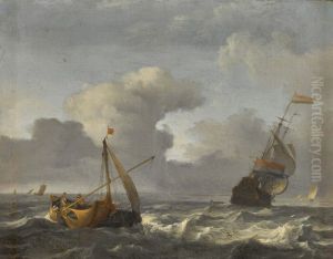 A sailing boat and man-o'-war in choppy waters