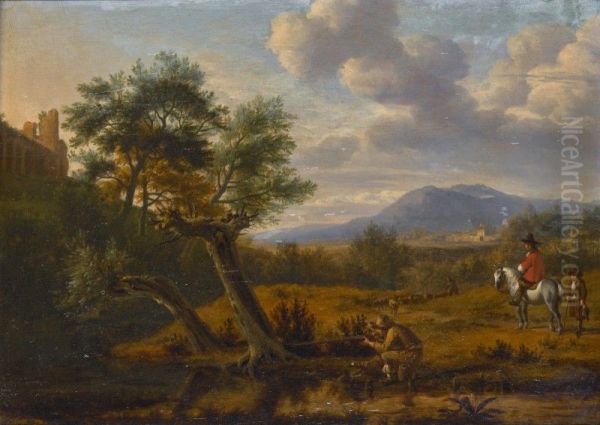 Southern landscape with a man shooting by a pond, a gentleman on horseback with a boy, and a shepherd with his flock beyond - view 1