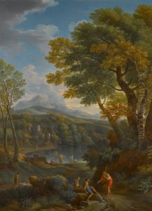 Arcadian landscape with figures on a path in the foreground, and beside a lake by unknown
