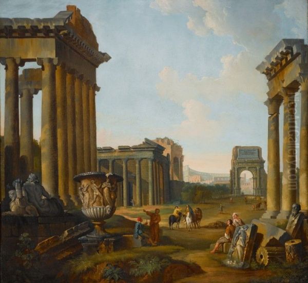 A capriccio of Roman ruins with elements from the Forum, including the Temples of Antoninus and Faustina, and Castor and Pollux, Arch of Titus, and Temple of Saturn - view 1