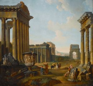 A capriccio of Roman ruins with elements from the Forum, including the Temples of Antoninus and Faustina, and Castor and Pollux, Arch of Titus, and Temple of Saturn