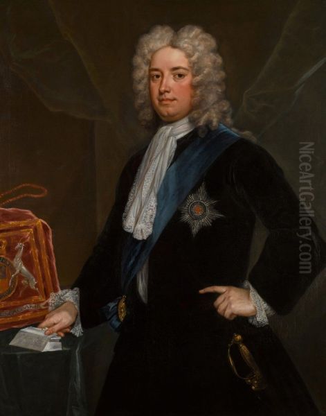 Portrait of Sir Robert Walpole, 1st Earl of Orford (1676-1745) as Chancellor of the Exchequer, standing three-quarter-length, in a black velvet coat, wearing the Star and Riband of the Order of the Garter - view 1