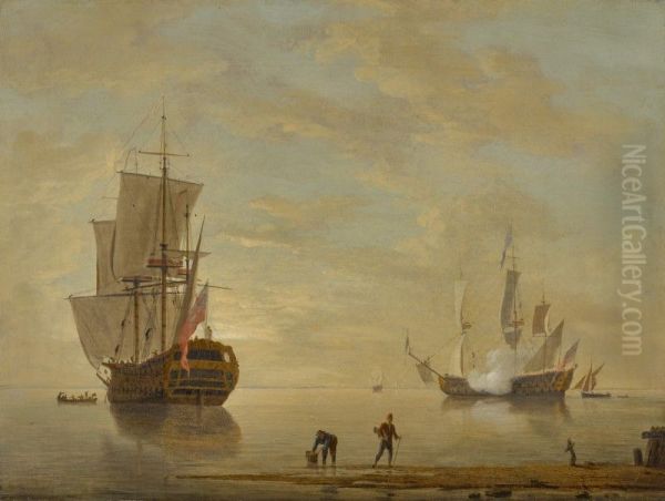 The flagship 'Admiral of the Blue' firing a gun and another two-decker getting underway at dawn, with a self-portrait of the artist coming ashore in the foreground - view 1