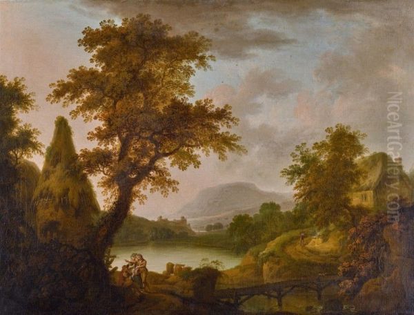 Lake scene with a cottage and a group of figures - view 1