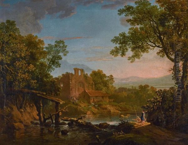 A classical landscape with figures in the foreground, ruins and mountains beyond - view 1
