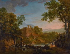 A classical landscape with figures in the foreground, ruins and mountains beyond by unknown