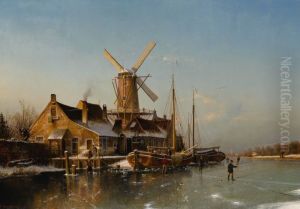 A WINTER LANDSCAPE WITH A MILL ON A FROZEN RIVER by unknown