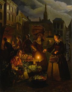 A MOONLIT VEGETABLE MARKET ON DE GROTE MARKT, THE HAGUE by unknown