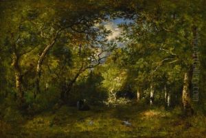 ALLEE EN FORET, BUCHERONNE COURBEE SOUS LE POIDS DE SON FAGOT, TRACES D'EAU