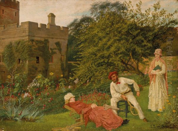 George Howard, 9th Earl of Carlisle, and Rosalind, Countess of Carlisle, seated in the gardens at Naworth Castle, Cumbria, with a companion, standing holding a book - view 1