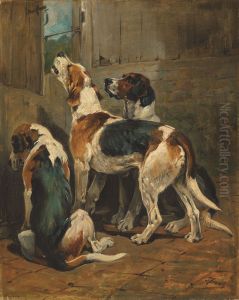 Foxhounds at a kennel door