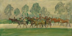 Horses at exercise on Warren Hill, Newmarket, early morning by unknown