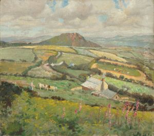 Herding cows before a farmstead by unknown