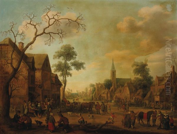 A village with townsfolk gathered in the street - view 1