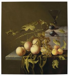 Peaches, grapes, a facon de Venise glass and a casket on a partially draped stone ledge by unknown