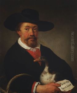 A man wearing a hat and holding a goose and letter