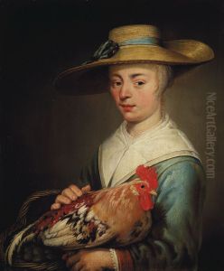 A young woman wearing a straw hat and holding a hen and a basket of eggs