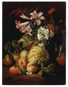 Lilies and other flowers in a glass vase with peaches and melons