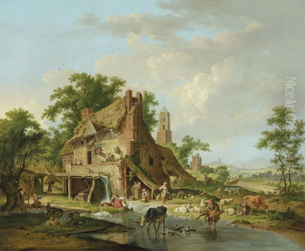 A watermill with farmyard animals and peasants, a landscape beyond - view 1