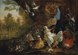 A peacock, chickens, pigeons and other birds in a landscape