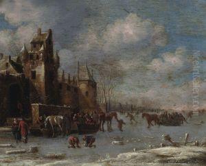 A winter landscape with figures skating, riding sleighs and conversing on the ice