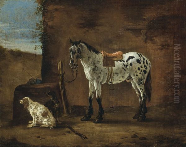 A piebald horse tied to a hitching post and two dogs before an inn - view 1