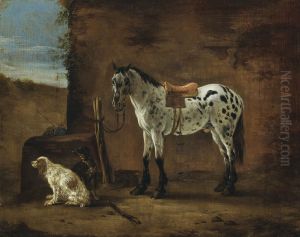 A piebald horse tied to a hitching post and two dogs before an inn by Pieter Cornelisz Verbeeck
