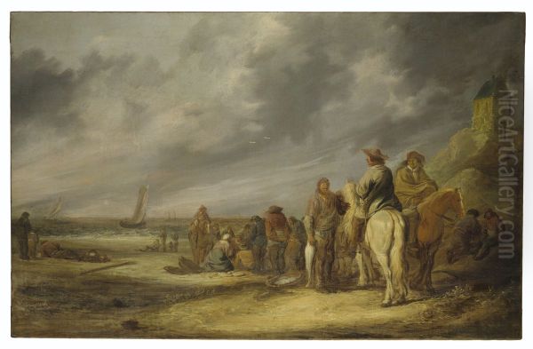 Fisherfolk and horsemen on a beach - view 1