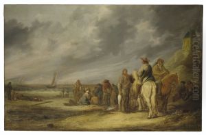 Fisherfolk and horsemen on a beach by Benjamin Gerritsz Cuyp