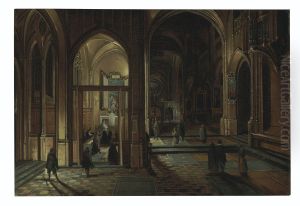 Interior of a cathedral at night with a priest celebrating Mass by Hendrik van Steenwijk II