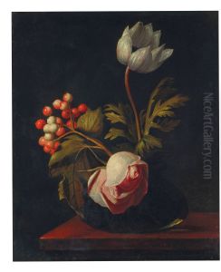 A rose, an anemone, and a sprig of rowan in a glass vase on a ledge A rose, an anemone, and a sprig of rowan in a glass vase on a ledge