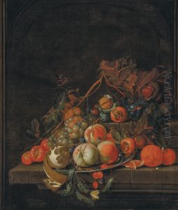 Peaches, grapes, oranges, a partially peeled lemon, medlars and other fruit on a two-tiered stone ledge, with nuts, a grasshopper and a butterfly before a niche