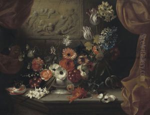 Poppies, a rose, a tulip and other flowers in a low vase with flowers in a roemer on a stone ledge with a relief and curtains