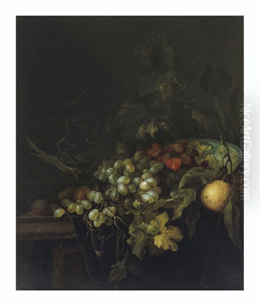 A Wan-Li bowl with grapes and other fruit, on a partially draped table - view 1
