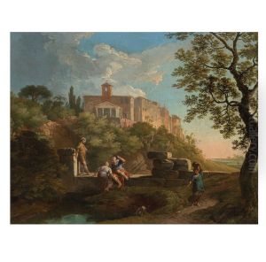 An Italianate landscape with figures resting by a wall, a town in the distance
